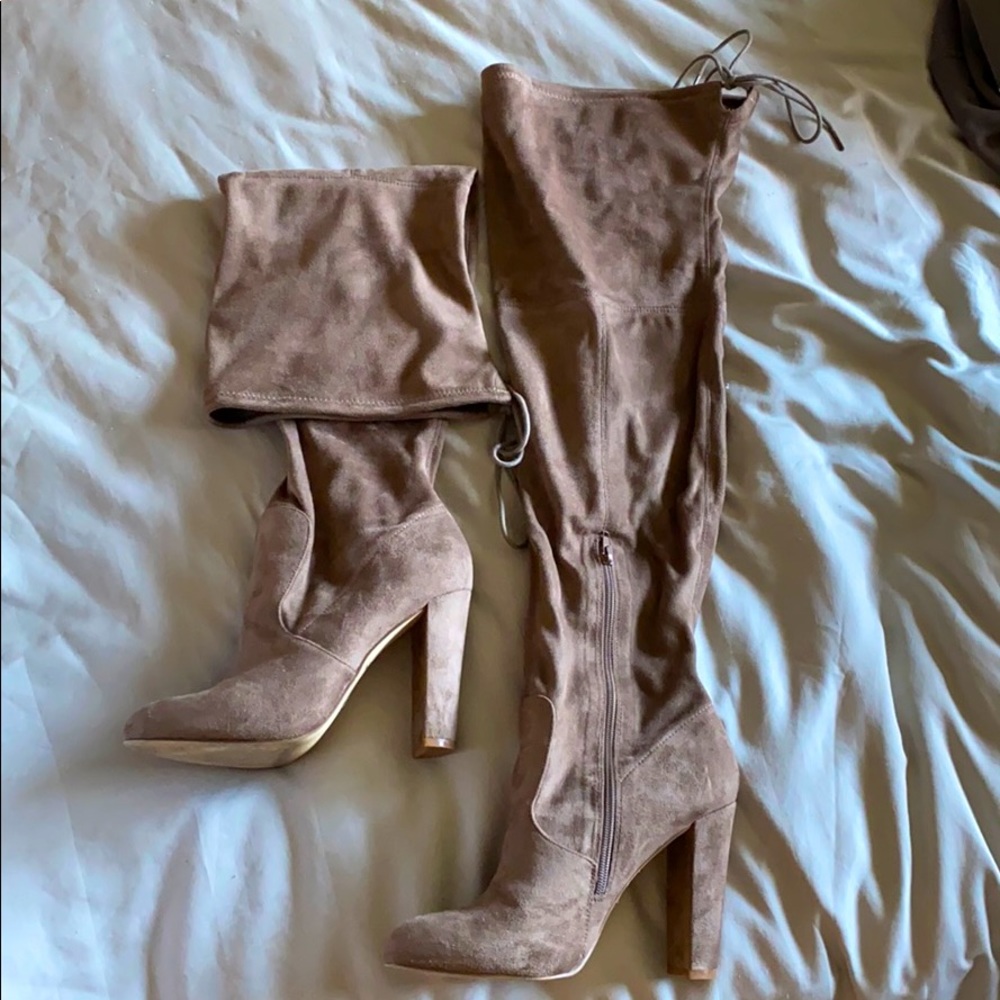 Thigh high taupe suede boots- like new!!